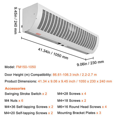 1.1m Commercial Air Curtain, Dual Speed, 2292m³/h, UL Certified, Easy Install