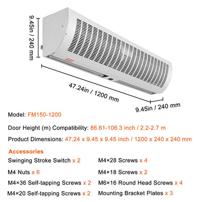 VEVOR 1.2m Commercial Indoor Air Curtain Super Power 2 Speeds 2802m³/h, UL Certified