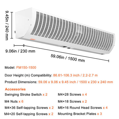 VEVOR 1.5m Commercial Indoor Air Curtain Super Power 2 Speeds 3566m³/h, UL Certified