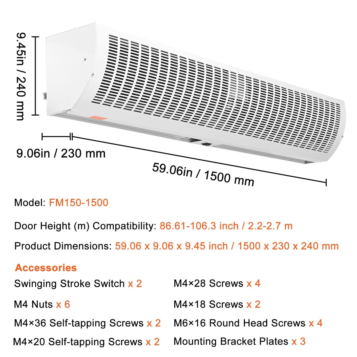 1.5m Commercial Indoor Air Curtain, 2 Speeds, 3566m³/h, UL Certified, White