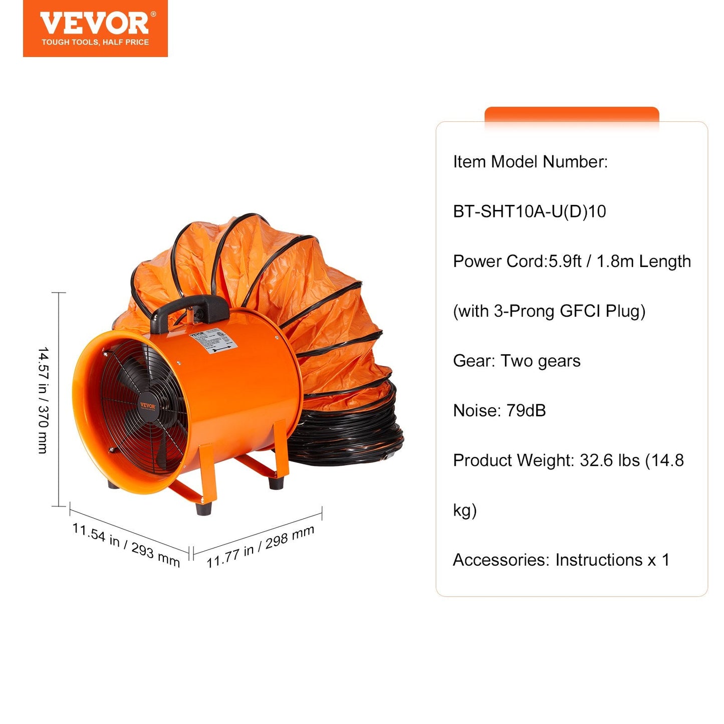 Industrial Portable Ventilator: 0.25m Heavy Duty Fan with 10m Duct Hose, 300W