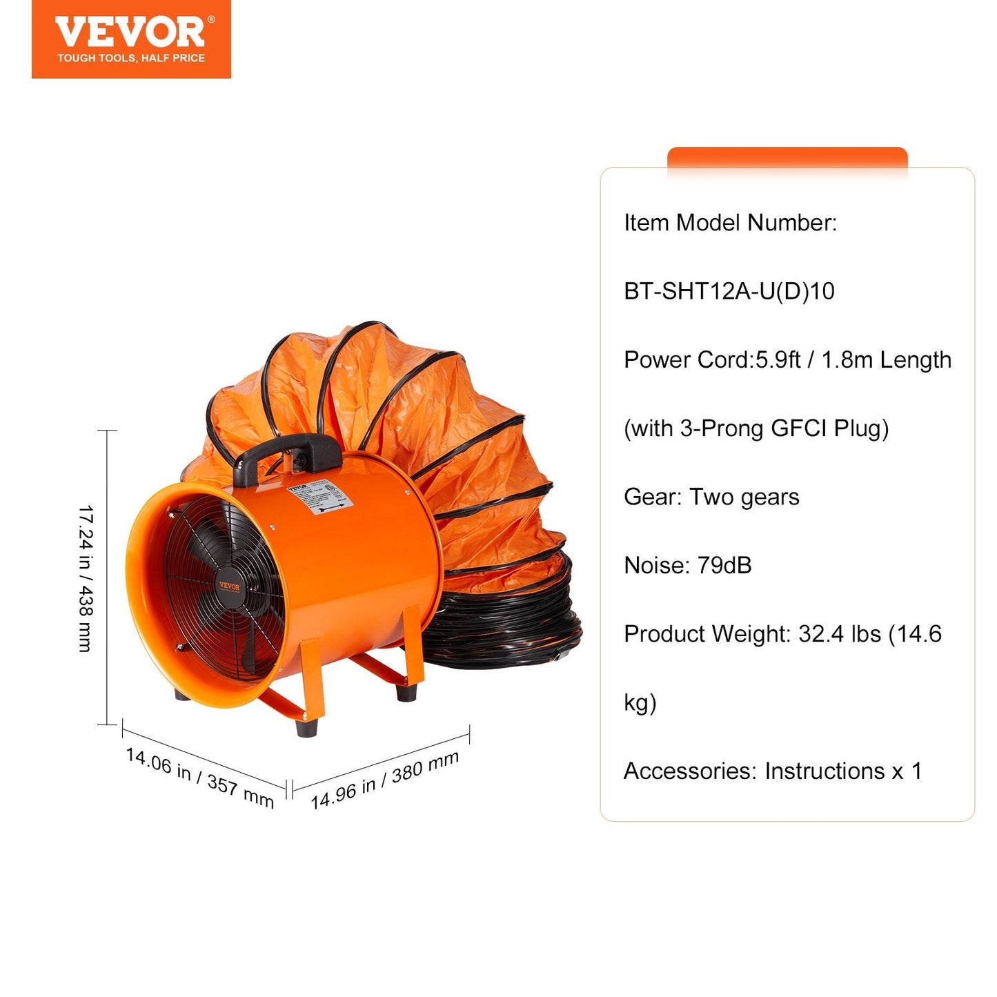 Portable 0.3m Heavy Duty Ventilator Fan with 10m Duct Hose, 365W Industrial Blower