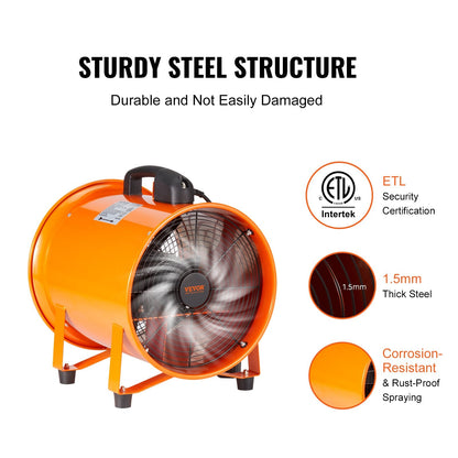 Portable 0.3m Heavy Duty Cylinder Fan with 5m Duct Hose, 365W Industrial Blower