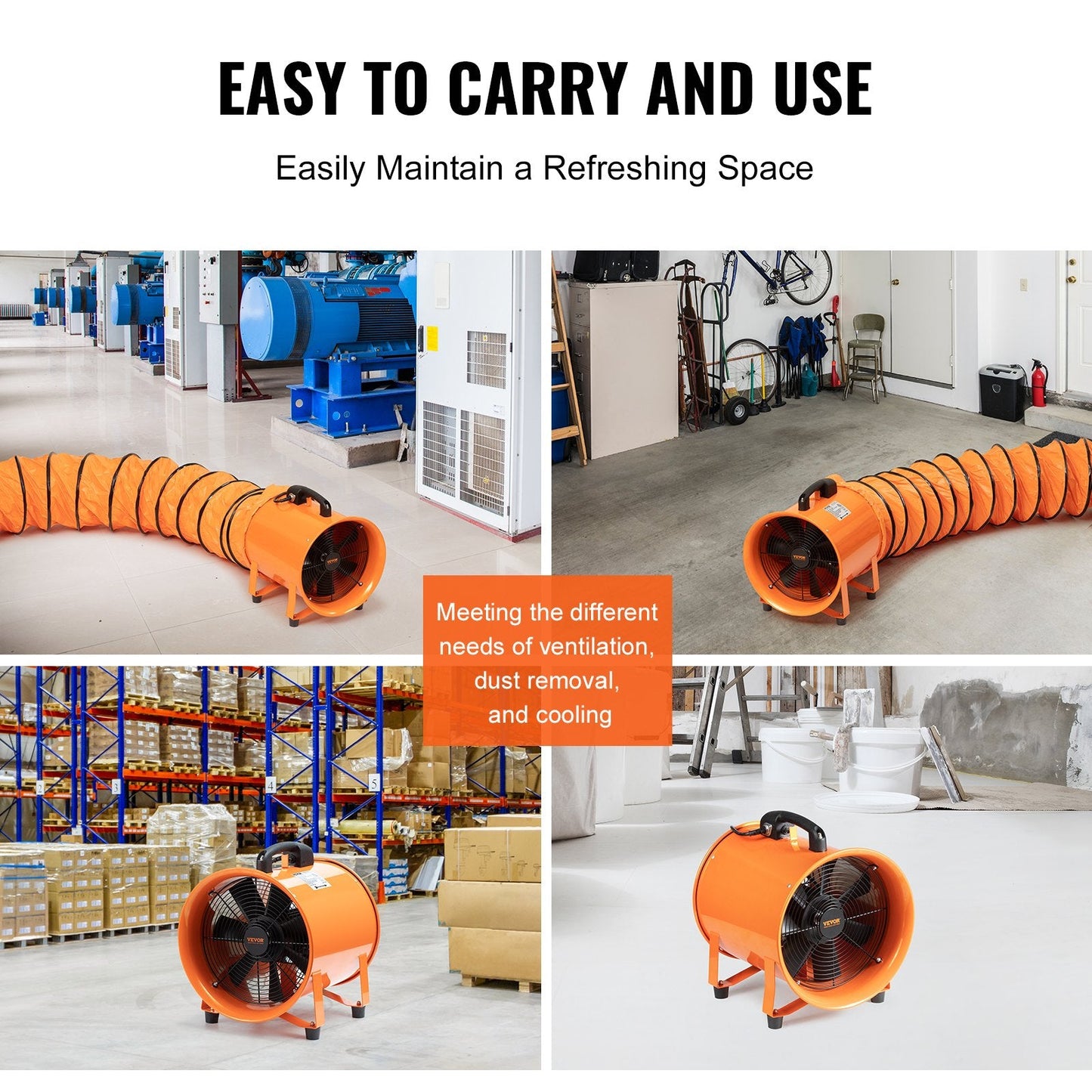 Portable 0.3m Heavy Duty Cylinder Fan with 5m Duct Hose, 365W Industrial Blower
