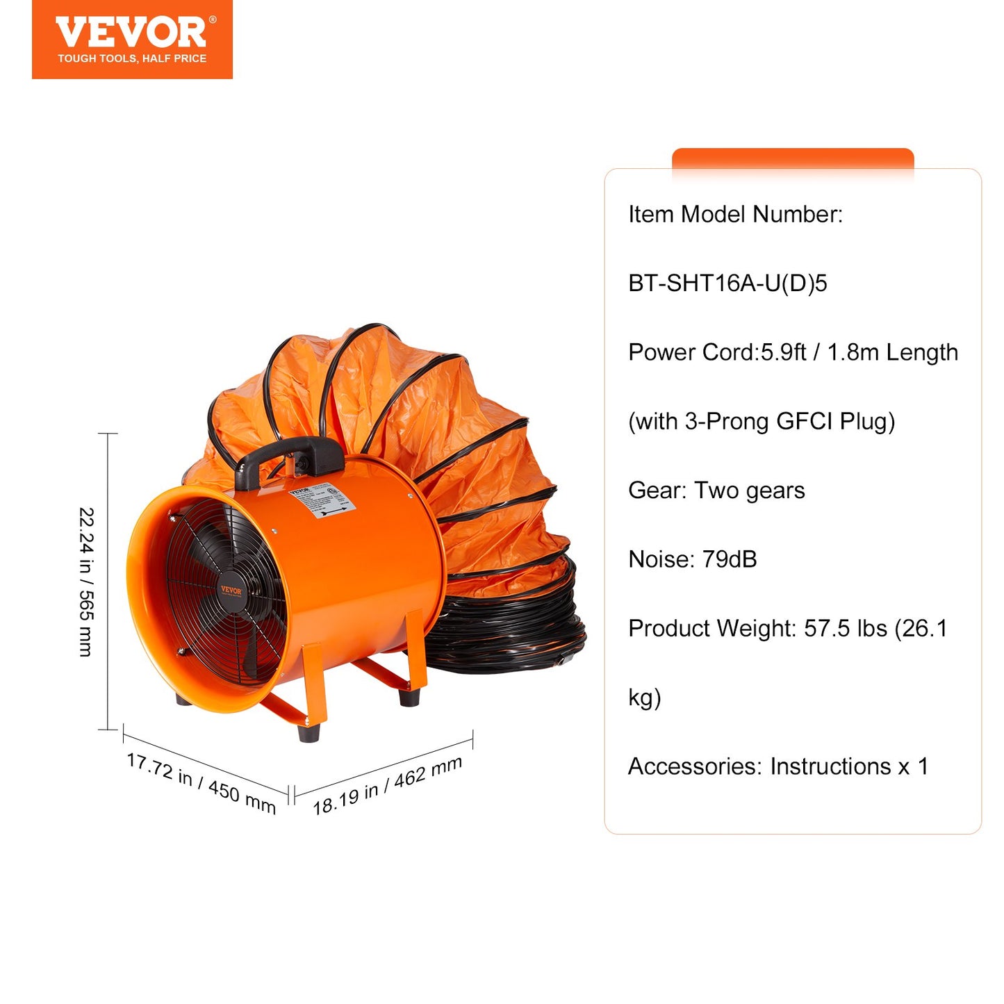 VEVOR Portable Ventilator, 406.4m/16inch Heavy Duty Cylinder Fan with 5m Duct Hose,