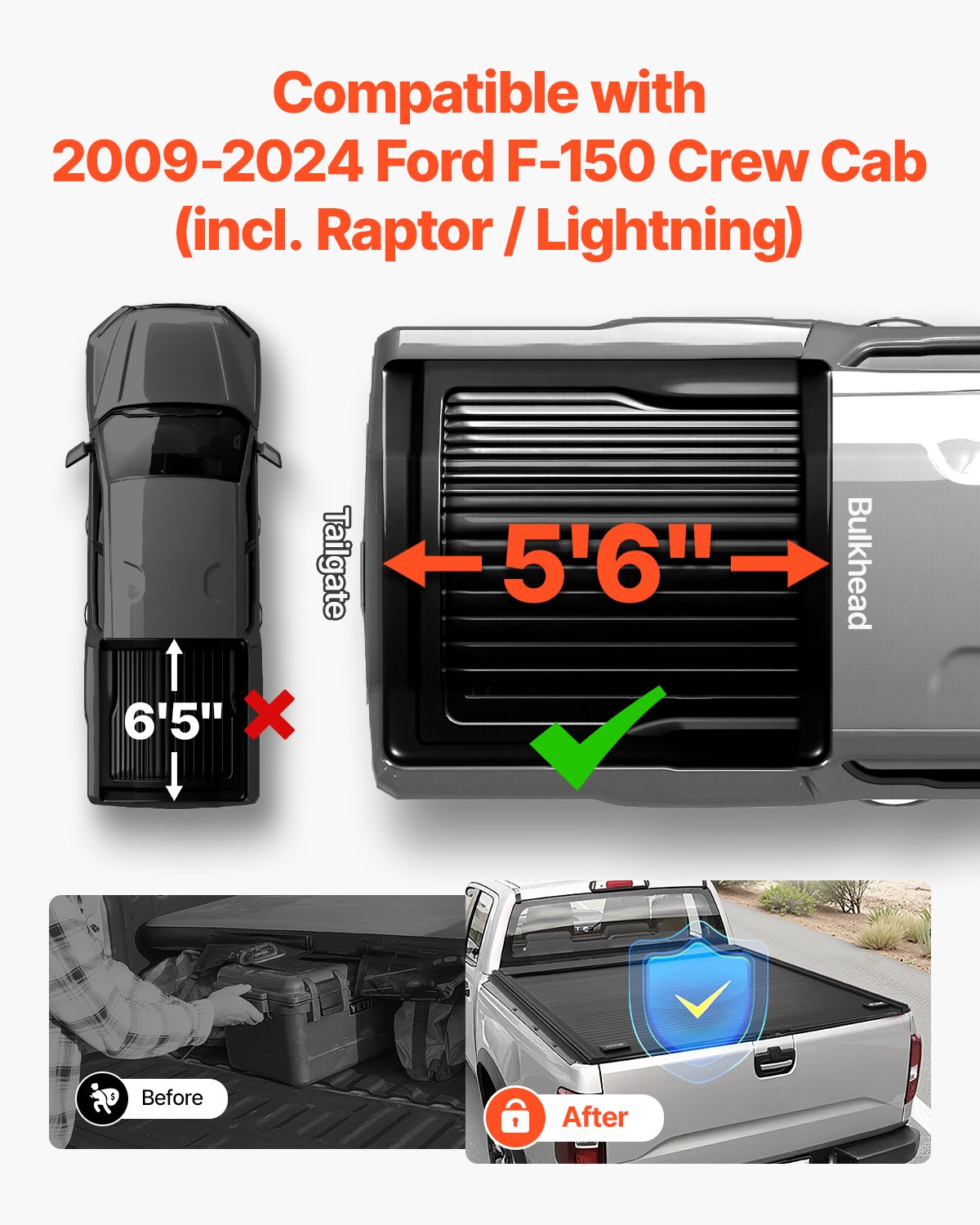 Retractable Tonneau Cover, 5.5 ft Hard Retractable Tonneau Cover with Built-in Drainage Pipe for 2009-2024 Ford F-150 Crew Cab , Customized Hard Tonneau Cover with Double-Lock & T-Slot