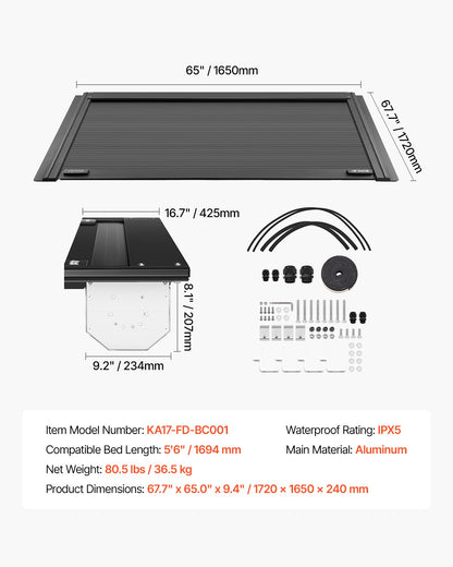Retractable Tonneau Cover, 5.5 ft Hard Retractable Tonneau Cover with Built-in Drainage Pipe for 2009-2024 Ford F-150 Crew Cab , Customized Hard Tonneau Cover with Double-Lock & T-Slot