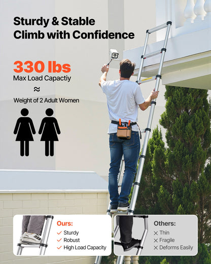 3.8m Telescoping Ladder, Aluminum Lightweight Multi-Purpose Collapsible Extension, One-Touch Retraction Ladder, Heavy Duty 150kg Max Capacity with Non-Slip Feet, for Home, Outdoor Work, Loft