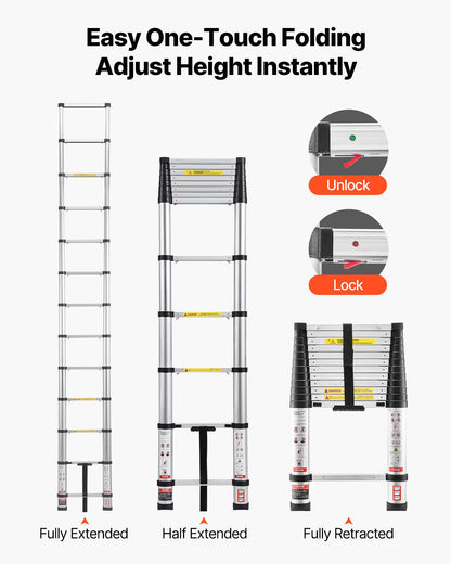 3.8m Telescoping Ladder, Aluminum Lightweight Multi-Purpose Collapsible Extension, One-Touch Retraction Ladder, Heavy Duty 150kg Max Capacity with Non-Slip Feet, for Home, Outdoor Work, Loft