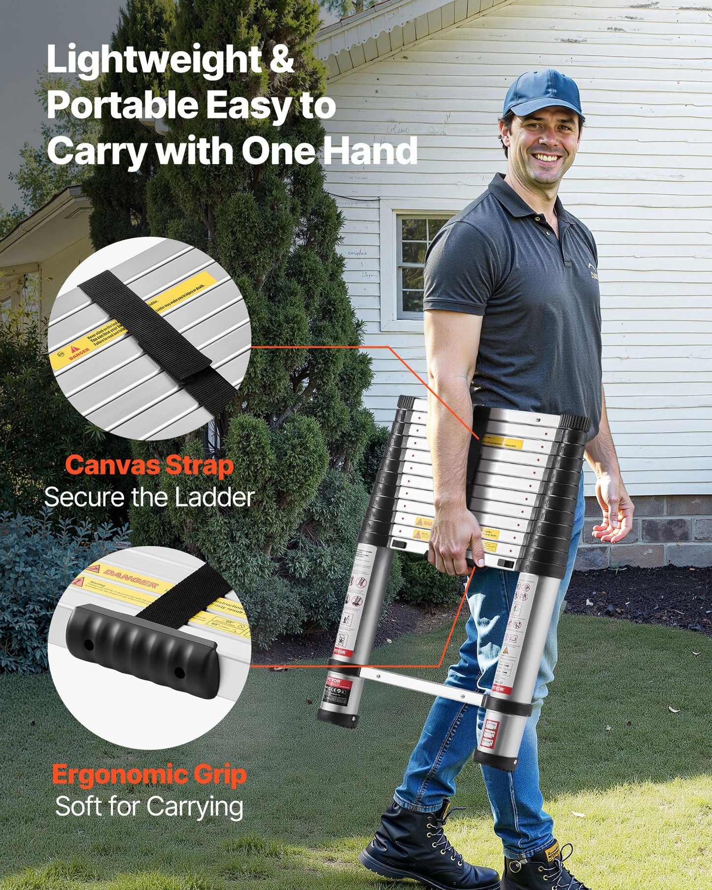 3.8m Telescoping Ladder, Aluminum Lightweight Multi-Purpose Collapsible Extension, One-Touch Retraction Ladder, Heavy Duty 150kg Max Capacity with Non-Slip Feet, for Home, Outdoor Work, Loft