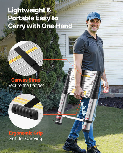 3.8m Telescoping Ladder, Aluminum Lightweight Multi-Purpose Collapsible Extension, One-Touch Retraction Ladder, Heavy Duty 150kg Max Capacity with Non-Slip Feet, for Home, Outdoor Work, Loft