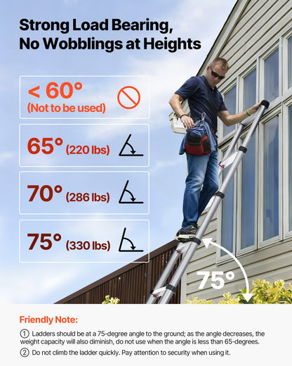 3.8m Telescoping Ladder, Aluminum Lightweight Multi-Purpose Collapsible Extension, One-Touch Retraction Ladder, Heavy Duty 150kg Max Capacity with Non-Slip Feet, for Home, Outdoor Work, Loft