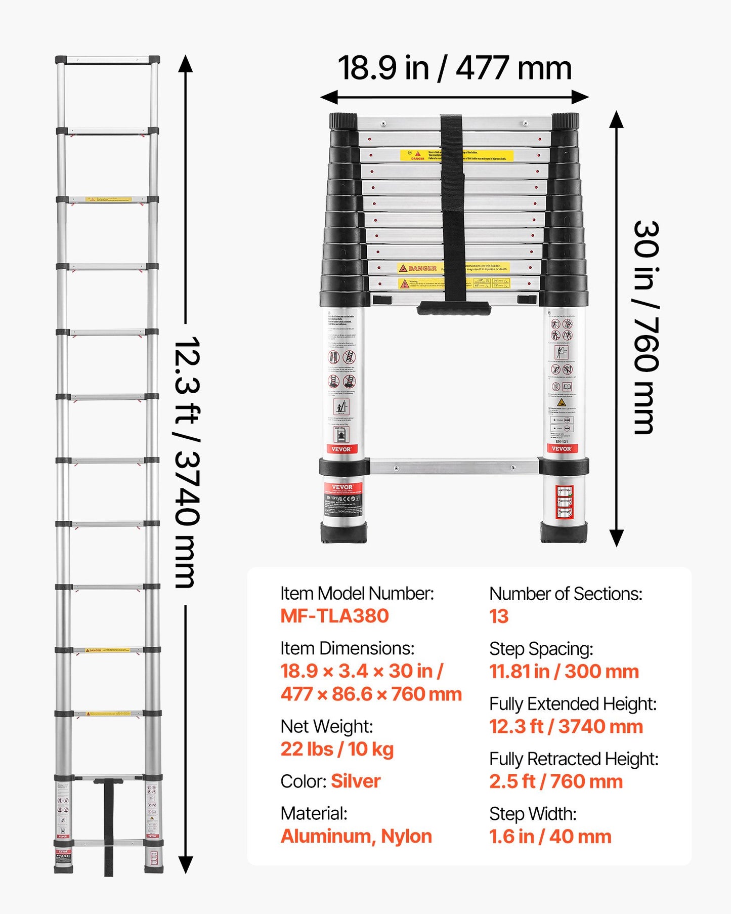 3.8m Telescoping Ladder, Aluminum Lightweight Multi-Purpose Collapsible Extension, One-Touch Retraction Ladder, Heavy Duty 150kg Max Capacity with Non-Slip Feet, for Home, Outdoor Work, Loft