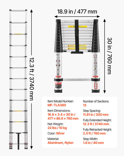 3.8m Telescoping Ladder, Aluminum Lightweight Multi-Purpose Collapsible Extension, One-Touch Retraction Ladder, Heavy Duty 150kg Max Capacity with Non-Slip Feet, for Home, Outdoor Work, Loft