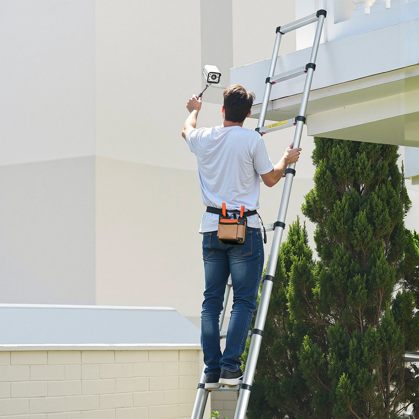 3.8m Telescoping Ladder, Aluminum Lightweight Multi-Purpose Collapsible Extension, One-Touch Retraction Ladder, Heavy Duty 150kg Max Capacity with Non-Slip Feet, for Home, Outdoor Work, Loft