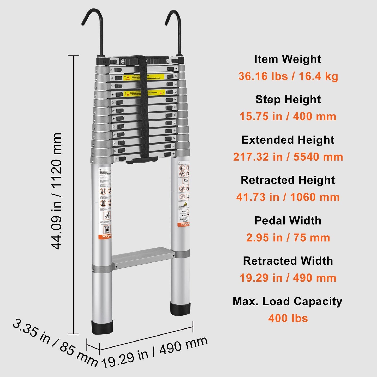 5.6m Aluminum Telescoping Ladder, 190kg Capacity, One-Button Retraction