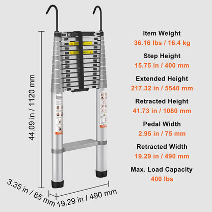 5.6m Aluminum Telescoping Ladder, 190kg Capacity, One-Button Retraction