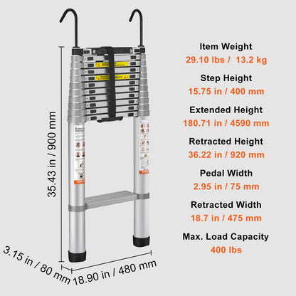 VEVOR Telescoping Ladder Aluminum Extension Step 15 ft Multi-purpose Portable