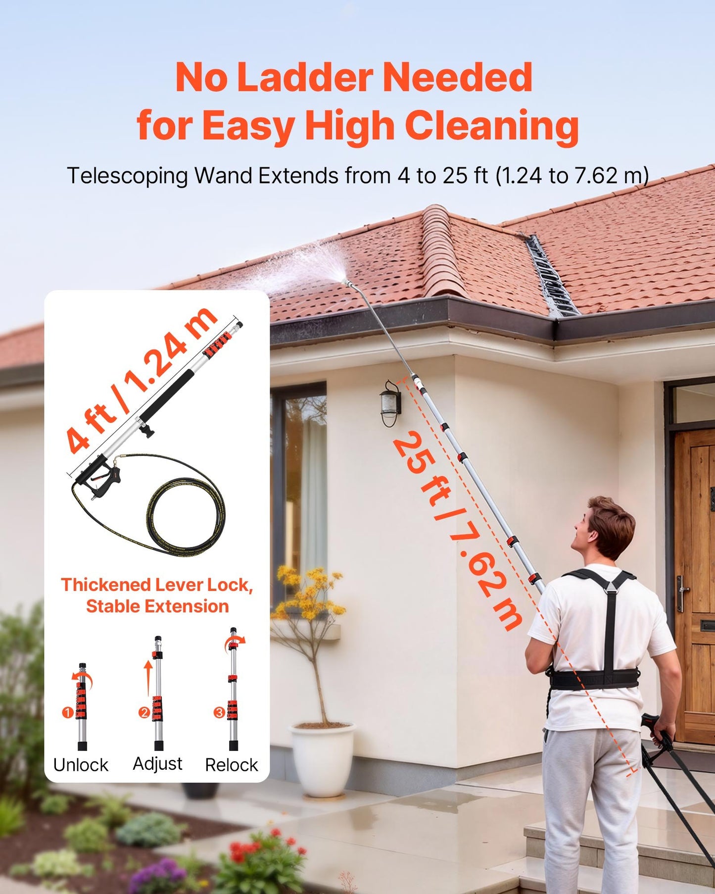 7.62 m Pressure Washer Telescoping Wand, with Power Washer Extension Wands & High Pressure Hose, Brush Head, 7 Nozzles, Hose Adapter, Support Belt, Storage Bag, 4000 PSI for High Cleaning
