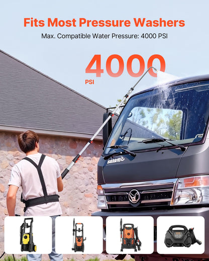 7.62 m Pressure Washer Telescoping Wand, with Power Washer Extension Wands & High Pressure Hose, Brush Head, 7 Nozzles, Hose Adapter, Support Belt, Storage Bag, 4000 PSI for High Cleaning