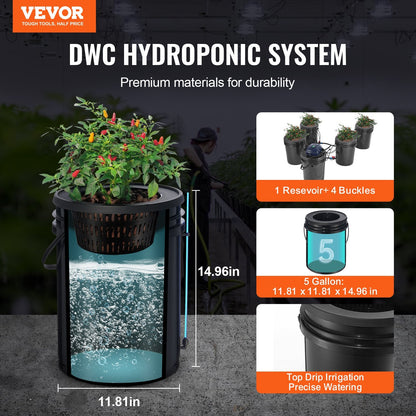 Hydroponics System with Recirculating Deep Water Culture - 4 x 20L Buckets