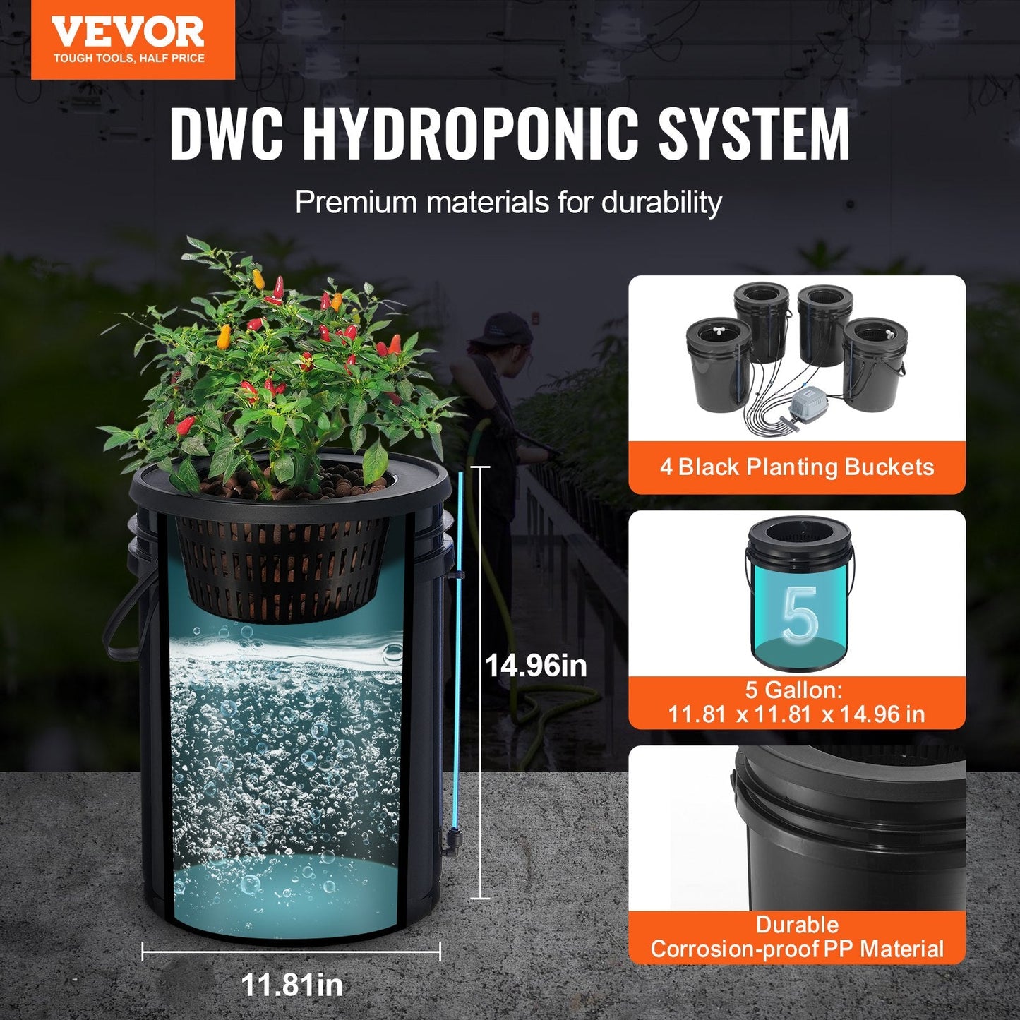 Hydroponic Deep Water Culture System with Top Drip, 4 Buckets, 20L Each