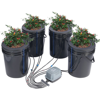 Hydroponic Deep Water Culture System with Top Drip, 4 Buckets, 20L Each