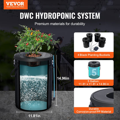 Hydroponic Deep Water Culture System with Air Pump, 4 Buckets, 20L Capacity