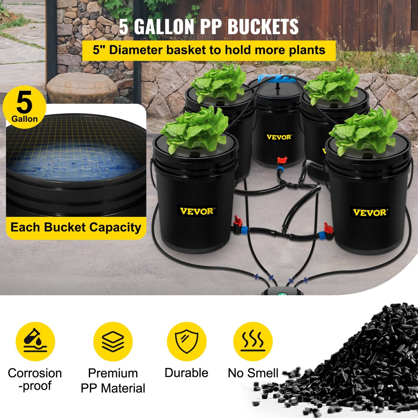 VEVOR DWC Hydroponic System, 5 Gallon 5 Buckets, Deep Water Culture Growing Bucket,