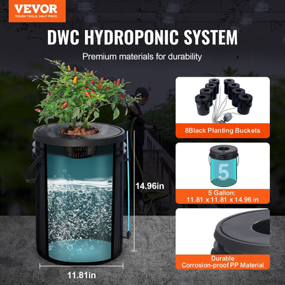 Hydroponic Grow System: 8-Bucket DWC with Air Pump, 20L Capacity Each