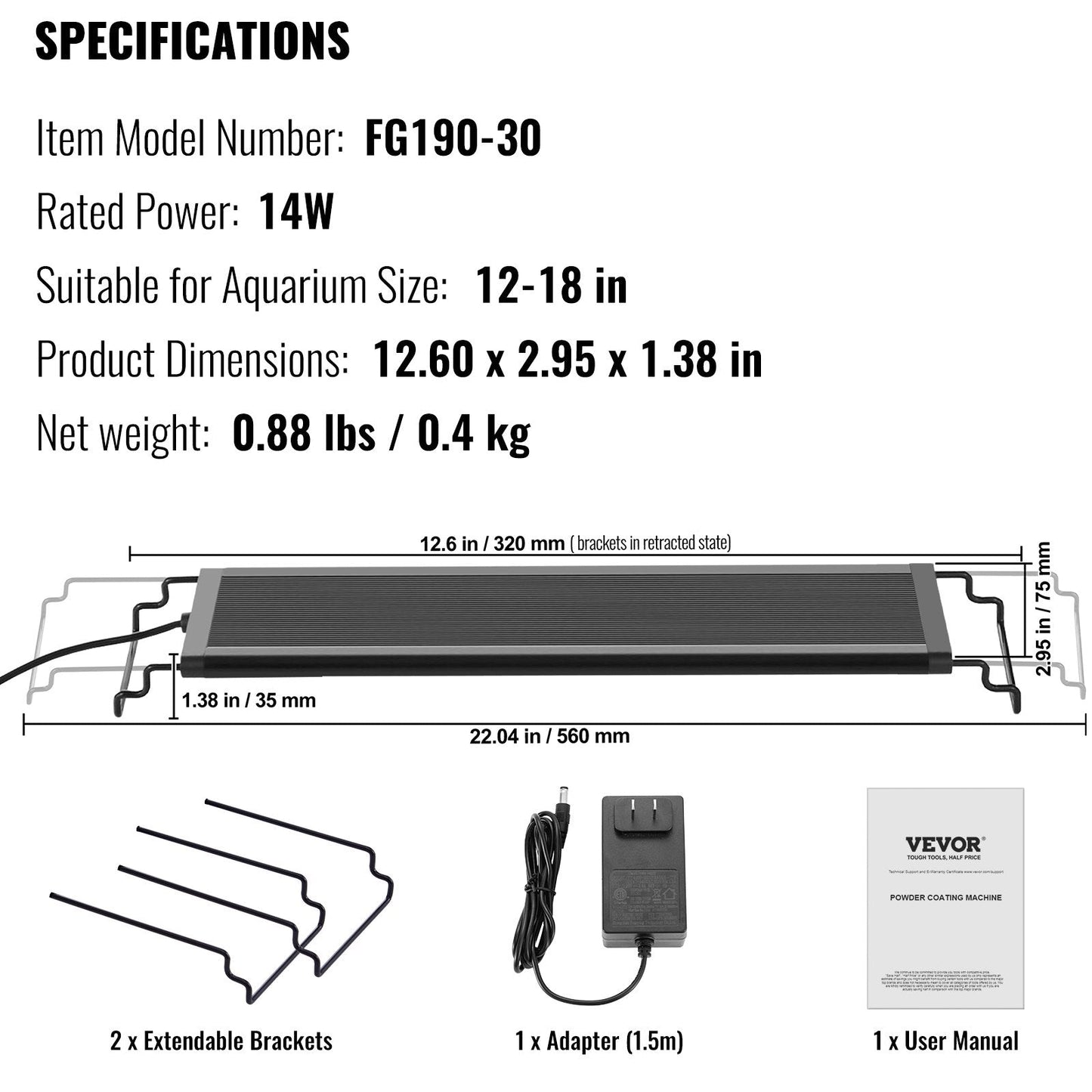 14W Full Spectrum Aquarium Light with Timer & Adjustable Brightness, 0.4 kg