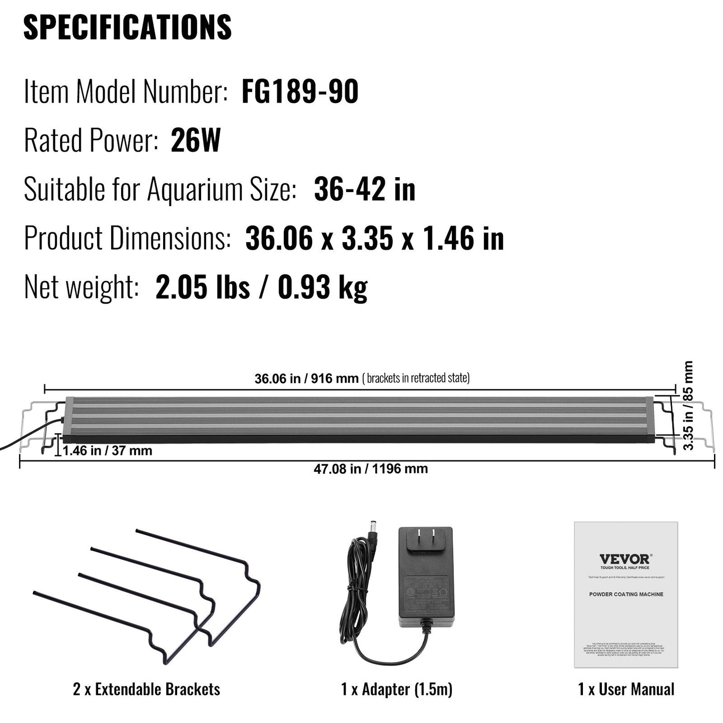 Full Spectrum LED Aquarium Light, 26W, for 0.9-1.1m Fish Tanks, 0.93 kg, FG189-90