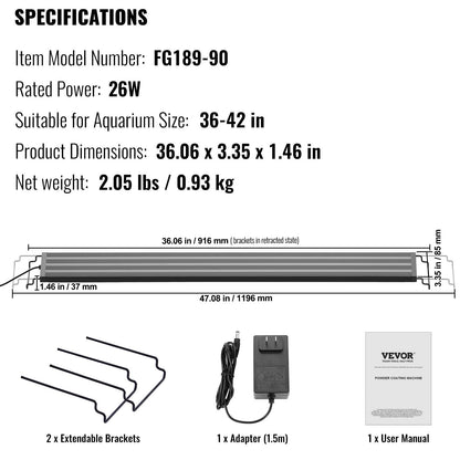Full Spectrum LED Aquarium Light, 26W, for 0.9-1.1m Fish Tanks, 0.93 kg, FG189-90