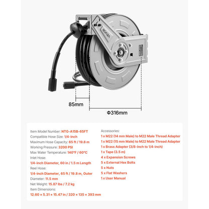 Pressure Washer Hose Reel 19.8m x 6.4mm Retractable 3200PSI Auto-Rewinding