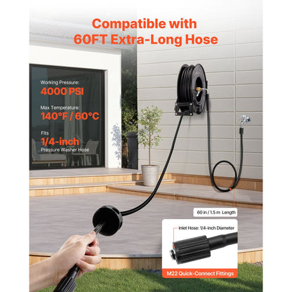 Pressure Washer Hose Reel 18.3m x 6.4mm Retractable 4000PSI Auto-Rewinding
