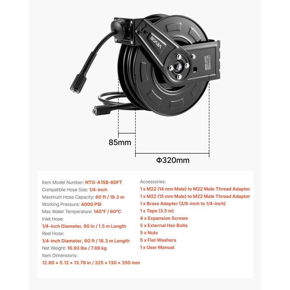 Pressure Washer Hose Reel 18.3m x 6.4mm Retractable 4000PSI Auto-Rewinding