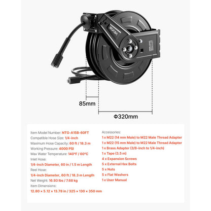 Pressure Washer Hose Reel 18.3m x 6.4mm Retractable 4000PSI Auto-Rewinding