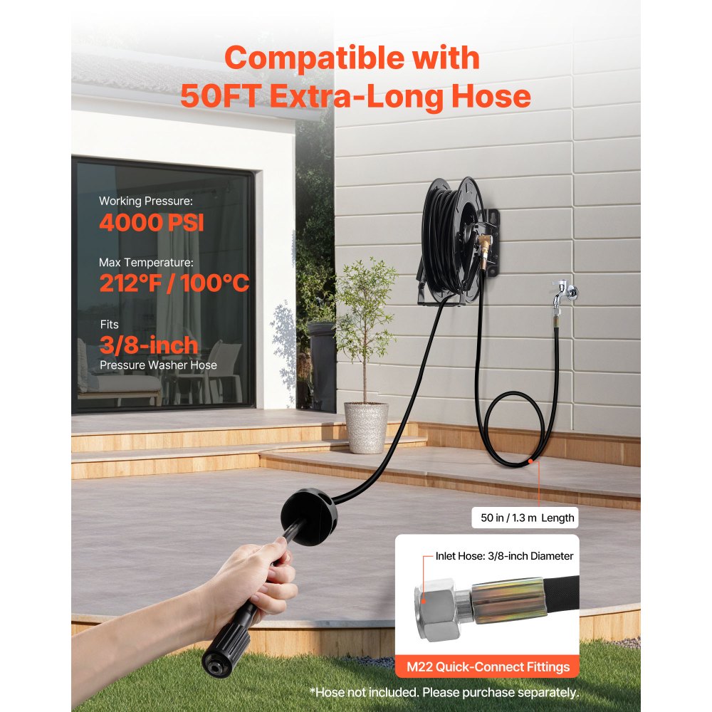 Pressure Washer Hose Reel 15.2m x 9.5mm Retractable 4000PSI Auto-Rewinding