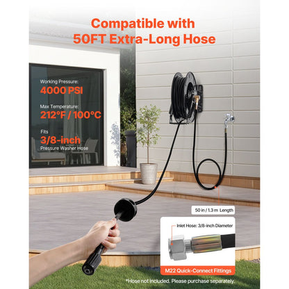 Pressure Washer Hose Reel 15.2m x 9.5mm Retractable 4000PSI Auto-Rewinding