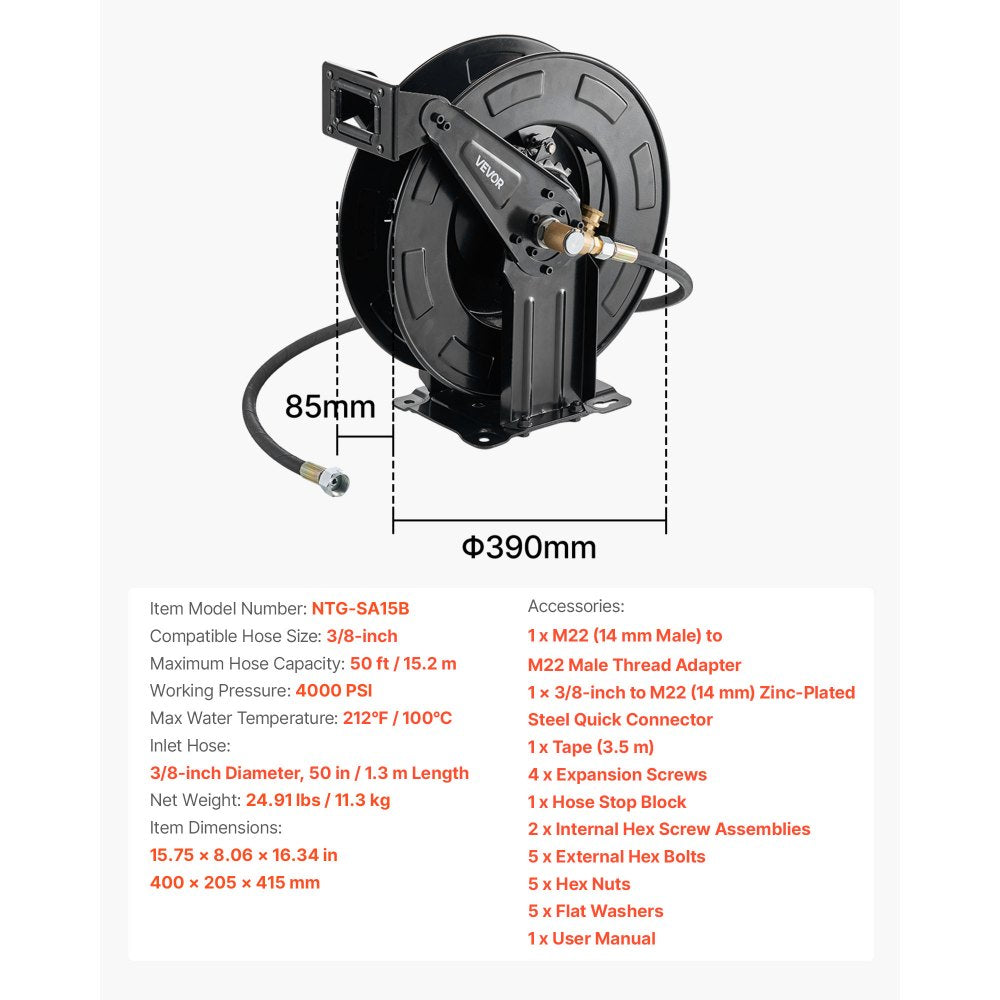 Pressure Washer Hose Reel 15.2m x 9.5mm Retractable 4000PSI Auto-Rewinding