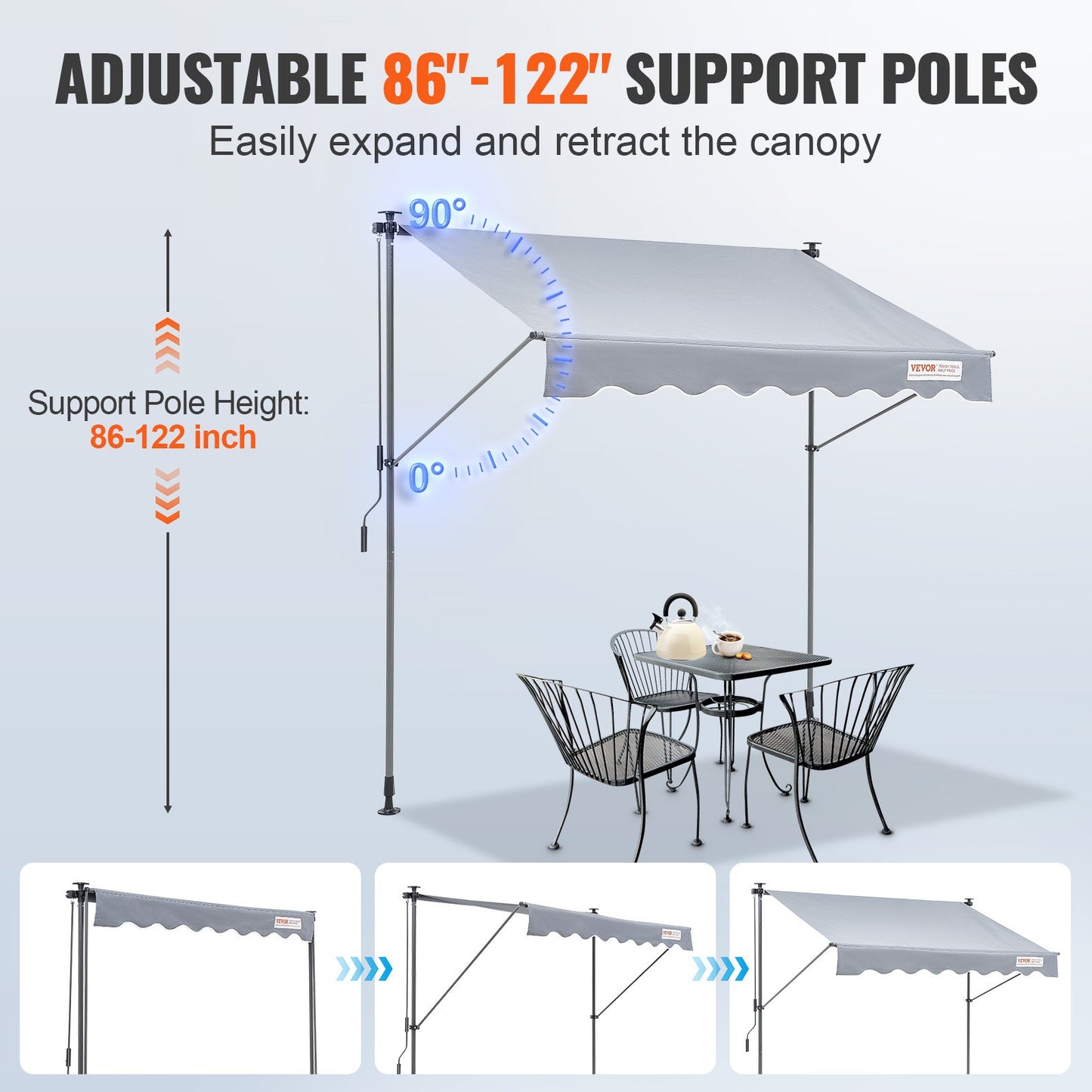 VEVOR Manual Retractable Awning, 3m Outdoor Retractable Patio Awning Sunshade Shelter,