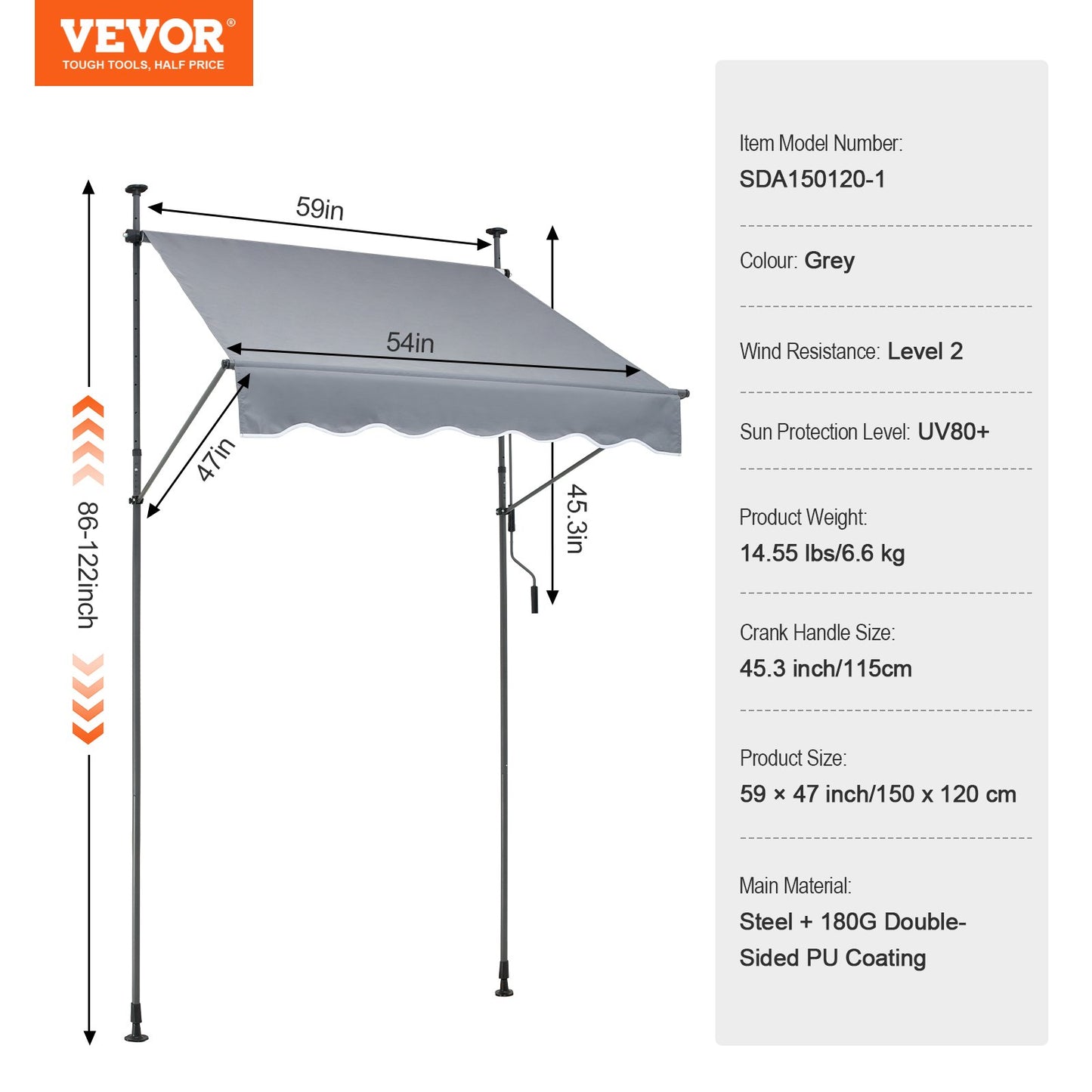 VEVOR 59x47" Patio Awning Retractable Awning Sunshade Shelter with Crank Handle