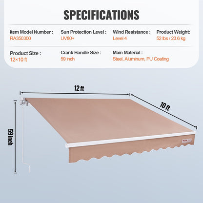 Manual Retractable Awning, 3.66x3.05m Sunshade with Crank Handle and UV Protection