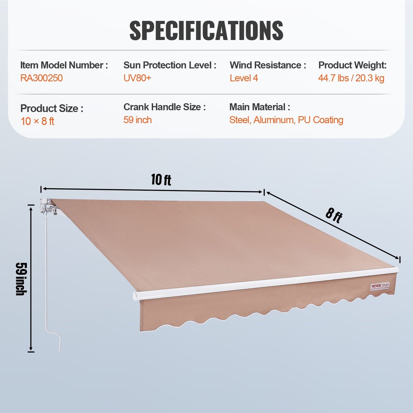 Manual Retractable Awning, 3.05x2.44m Water-Resistant Sunshade Shelter