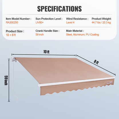 Manual Retractable Awning, 3.05x2.44m Water-Resistant Sunshade Shelter