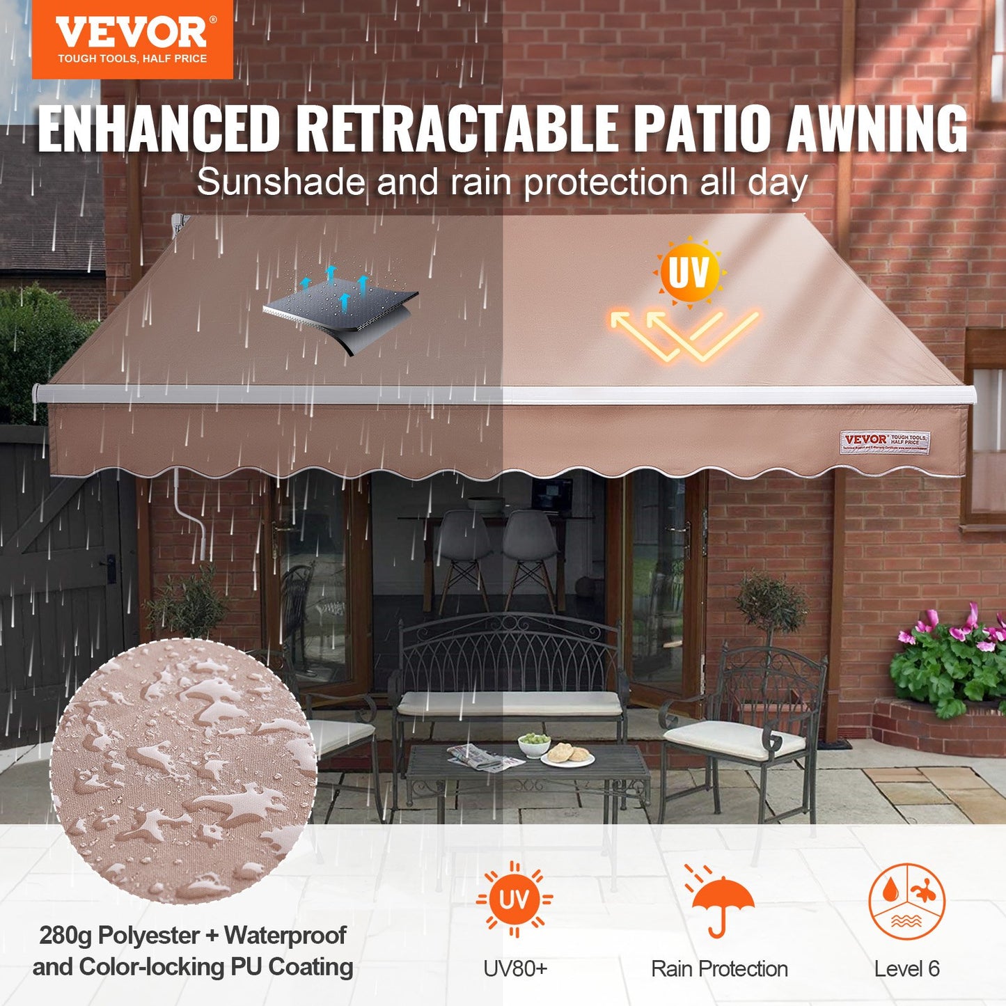 VEVOR Manual Retractable Awning, 2.44 x 2.13m Outdoor Patio Awning Retractable Sun