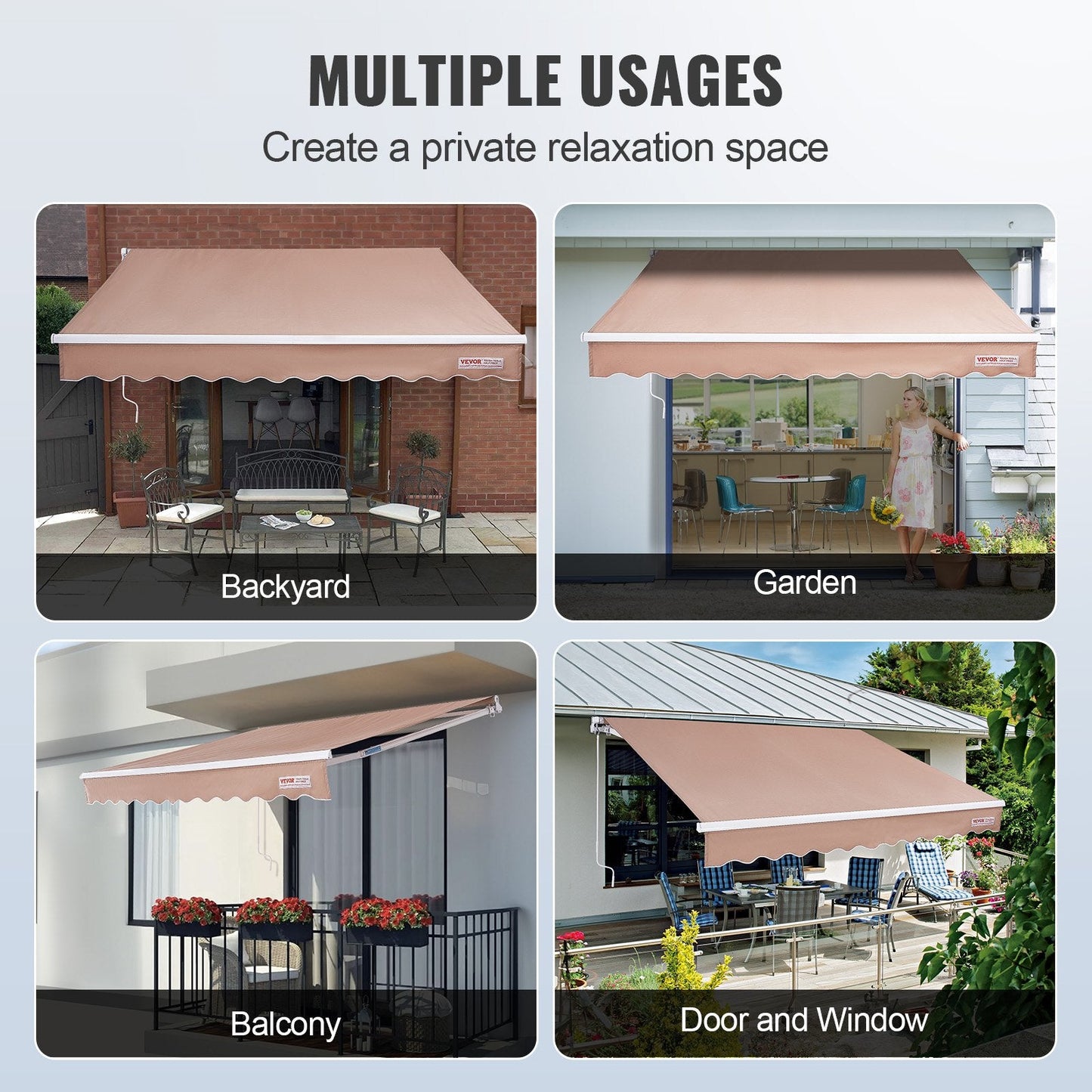 Manual Retractable Awning, 2.44 x 2.13m Water-Resistant Sunshade Shelter