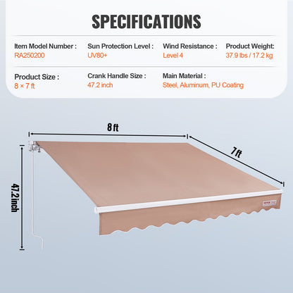 VEVOR Manual Retractable Awning, 2.44 x 2.13m Outdoor Patio Awning Retractable Sun