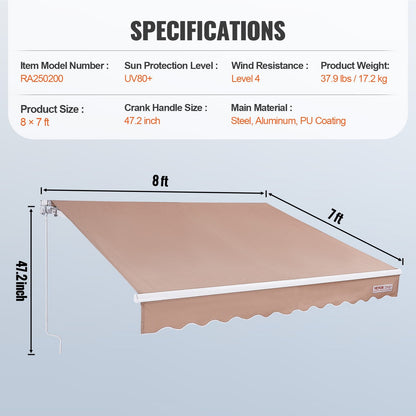 Manual Retractable Awning, 2.44 x 2.13m Water-Resistant Sunshade Shelter