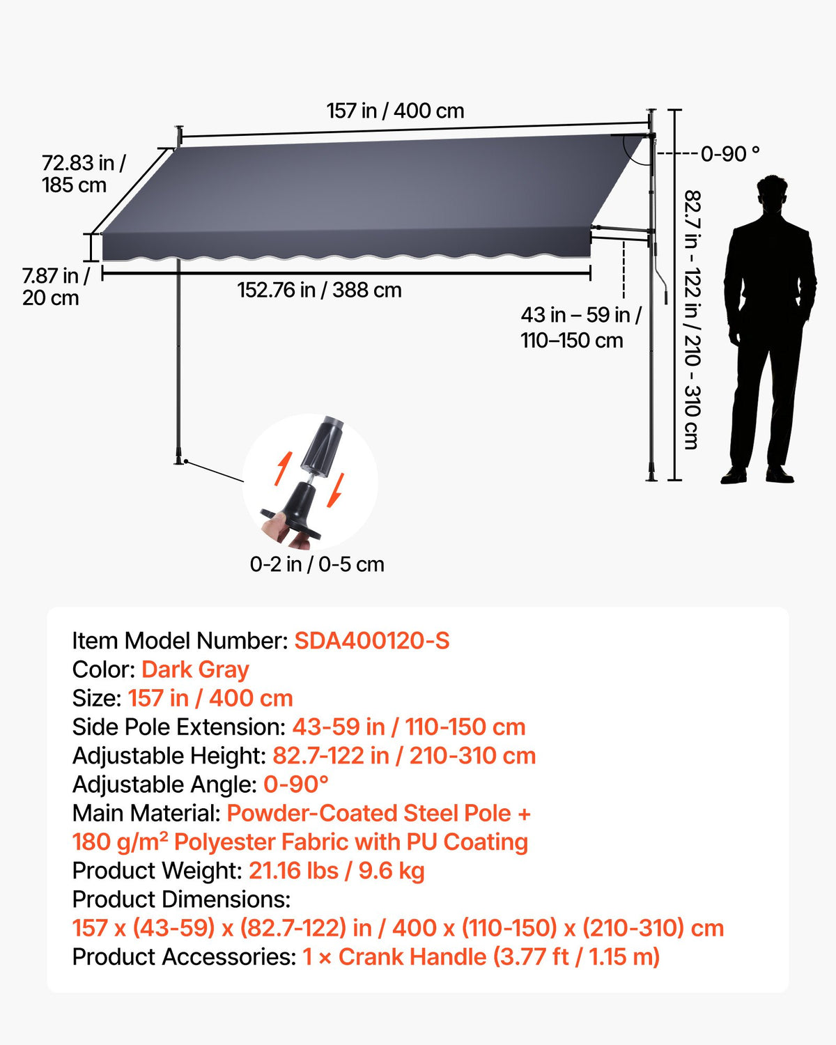 Manual Retractable Awning, 400 cm Outdoor Retractable Patio Awning Sunshade Shelter, Height Adjustable Patio Door Window Canopy with Manual Crank Handle for Backyard, Garden, Balcony, Dark Gray